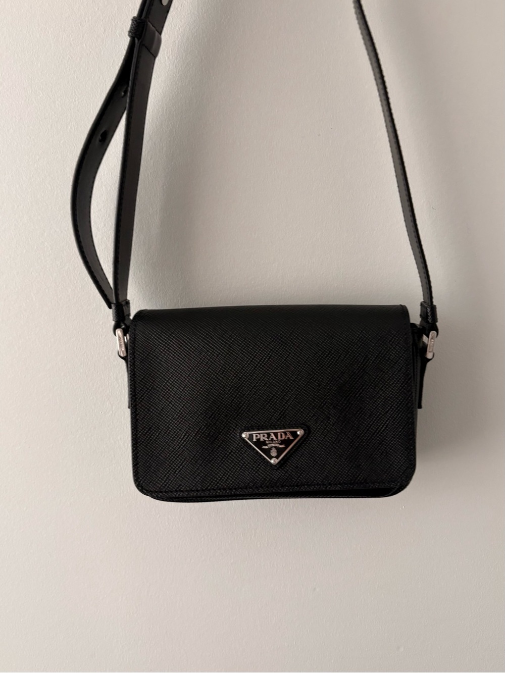 Prada Black Saffiano Mini Crossbody with Silver Logo